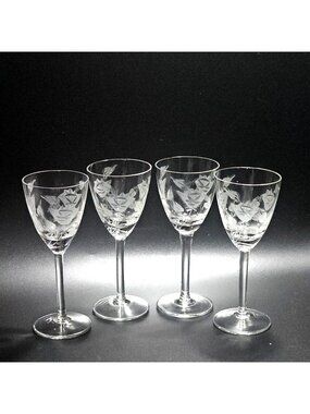4 Toscany Frosted Floral Sherry Glasses 5.25" etched flower vintage decorative